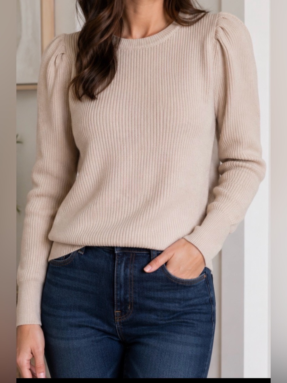 Halston Heritage Cream Ribbed Sweater gold tone size medium NEW with tags